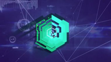 Mavi arkaplanda veri işleme animasyonu. küresel iş ve dijital arayüz kavramı dijital olarak oluşturulmuş video.