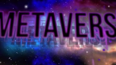 Animation of metaverse text over stars on black background. Social media and digital interface concept digitally generated video.