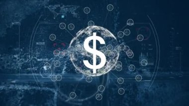 Dünya üzerindeki dolar işaretinin animasyonu. küresel iş, finans, bağlantılar ve dijital arayüz konsepti dijital olarak oluşturulmuş video.