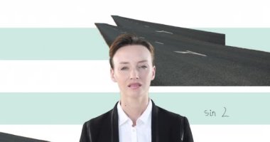 Animation of caucasian businesswoman thinking on white background with graffiti and math symbols. education, learning and business concept digitally generated video.