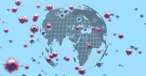 Animacja Komórek Wirusa Globu Niebieskim Tle Globalna Pandemia Koncepcja Nauki — Wideo stockowe