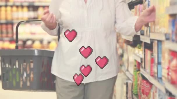 Animation Falling Heart Icons Senior Caucasian Women Store Shopping Sales — 图库视频影像