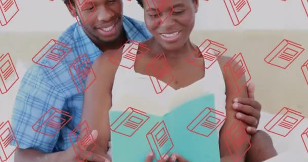 Animation Book Icons African American Couple Reading Read Book Day — Stock videók