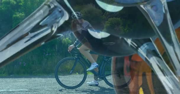 Animație Molecule Peste Femeie Caucaziană Ciclism Conceptul Global Sport Interfață — Videoclip de stoc
