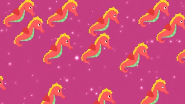 Animation Seahorse Icons Glowing Light Spots Purple Background Light Pattern — ストック動画