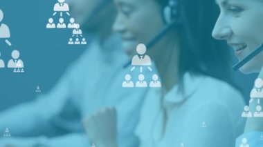 Animation of online people icons over diverse business people wearing phone headsets. customer service, digital interface, connections, communication and business concept digitally generated video.