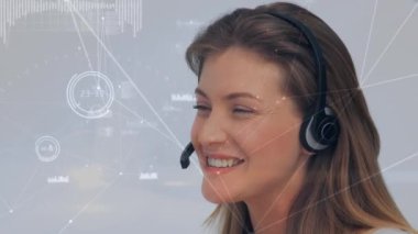 Animation of network of connections over happy caucasian female consultant. business, connections, call center and technology concept digitally generated video.
