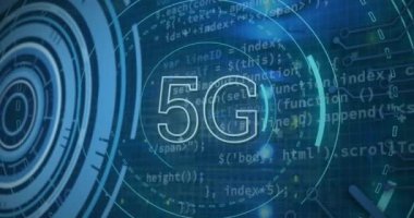 Animation of data processing and 5g over computer wires. network, communication, data processing and technology concept digitally generated video.