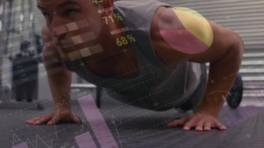 Kafkas erkeklerini çalıştırma üzerine finansal veri işleme animasyonu. Küresel spor, veri işleme ve dijital arayüz kavramı dijital olarak oluşturulmuş video.