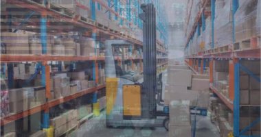 Animation of financial graphs over warehouse. business, finance and delivery services concept digitally generated video.