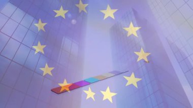 Şehrin üzerinde bayrak sallayan Avrupa Birliği 'nin animasyonu. Avrupa Birliği, siyasi ve ekonomik konsept dijital olarak üretilen video.