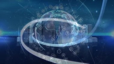 Şehrin her yerinde ikonlar olan dünyanın animasyonu. küresel iş, bağlantılar ve dijital arayüz konsepti dijital olarak oluşturulmuş video.