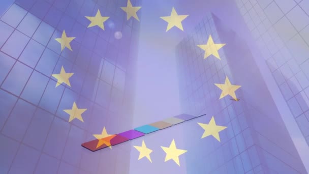 欧洲联盟在城市景观上挥动旗帜的动画 European Union Political Economic Concept Digital Generated Video — 图库视频影像