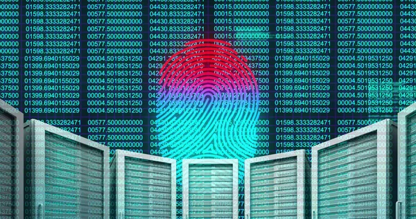 Digital image of Fingerprint scanner over multiple servers against data processing. Digital online security computer concept