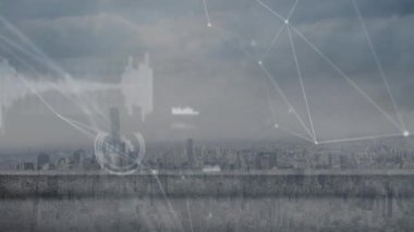 Şehir manzarası üzerinden veri işleme ağı ile bağlantıların animasyonu. Dijital olarak oluşturulmuş küresel bağlantılar, bilgisayar ve dijital arayüz kavramı.