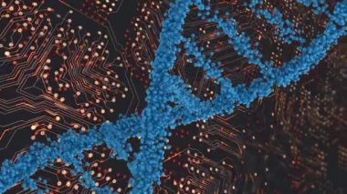 Animation of dna and integrated circuit on black background. Data processing, virtual space and technology concept digitally generated video.