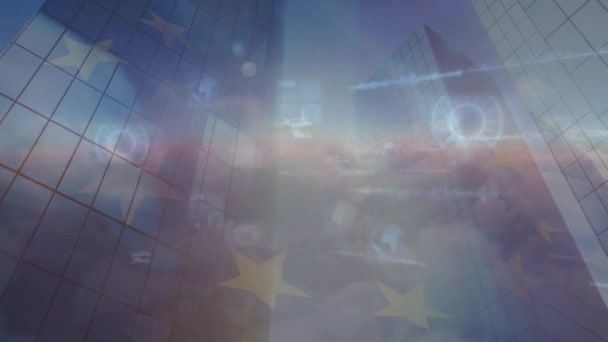 Animation Flag Europe Data Digital Screens Moving Office Buildings Global — Stockvideo