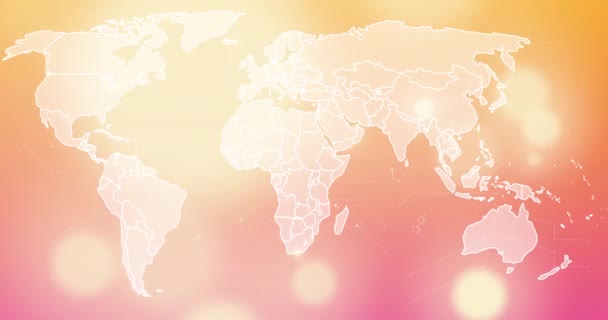 Анімація Карти Світу Над Світлими Плямами Помаранчевому Фоні Глобальна Технологія — стокове відео