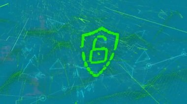 Dijital asma kilit animasyonu, mavi arkaplanda şekiller ve çizgiler. Veri işleme, dijital güvenlik ve teknoloji konsepti dijital olarak oluşturulmuş video.