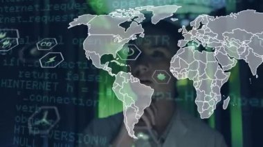 Kafkas kadın yürüyüşü üzerine ikonların ve dünya haritasının animasyonu. İş, ağ, iletişim ve teknoloji konsepti dijital olarak oluşturulmuş video.