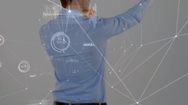 Animation of network of connections with data processing over caucasian man using vr headset