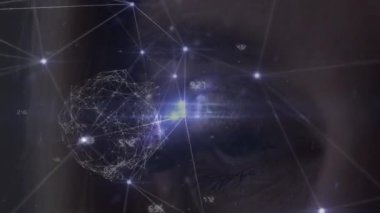 Kafkas kadın gözü üzerinden bağlantı ağının animasyonu. Ağ, bağlantılar ve teknoloji konsepti dijital olarak oluşturulmuş video.