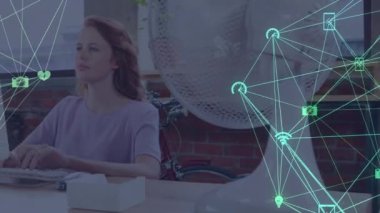 Animation of network of connections over caucasian woman working on computer in office. Business, network, connections and communication concept digitally generated video.