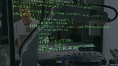 Animation of financial data processing over smiling in office. Global business digital interface technology and networking concept digitally generated video.