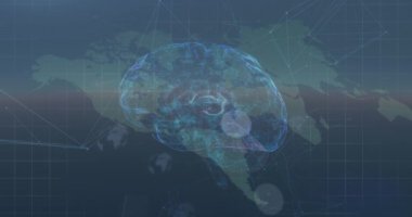Günbatımında dünya haritasında dönen beynin animasyonu. Bilim, insan biyolojisi ve teknoloji konsepti dijital olarak üretilen video.