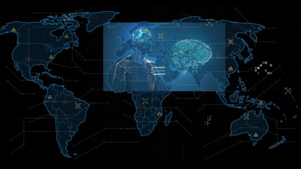 Dünya Haritasında Covid Hücre Eli Veri Işleme Animasyonu Küresel Internet — Stok video
