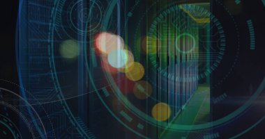 İşlem çemberi ve karanlık uzay üzerindeki bulanık trafik ışıkları görüntüsü. Veri işleme, dijital ekran, ağ güvenliği ve teknoloji konsepti dijital olarak oluşturulmuş görüntü.