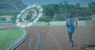 Engelli Afro-Amerikan erkek koşucunun veri işleme animasyonu. Küresel spor, engellilik ve dijital arayüz kavramı dijital olarak oluşturulmuş video.