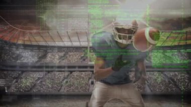 Animation of digital screen over diverse male american football players at stadium. Sport, competition, data processing and technology concept digitally generated video.