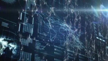 Siyah arkaplanda veri işleme animasyonu. Sosyal medya ve iletişim arayüzü kavramı dijital olarak oluşturulmuş video.