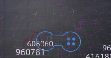 Animation of gamepad icon over data processing. global social media, computing and digital interface concept digitally generated video.