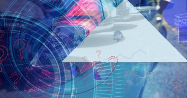 Soru işaretleri ve araba ışığı üzerindeki veriler. global otomotiv işi, araba hizmetleri ve teknoloji konsepti dijital olarak oluşturulmuş görüntü.