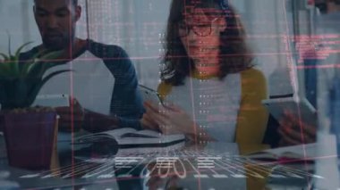 Animation of data processing over diverse business people using smartphones and tablets. Global business and digital interface concept digitally generated video.