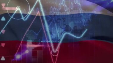 Rusya bayrağı üzerinde finansal veri işleme animasyonu. Küresel iş, finans, veri işleme ve ağ konsepti dijital olarak oluşturulmuş video.