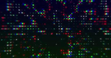 Siyah arkaplanda renkli parlak noktaların canlandırması. Küresel teknoloji, bilgisayar ve dijital arayüz kavramı dijital olarak oluşturulmuş video.