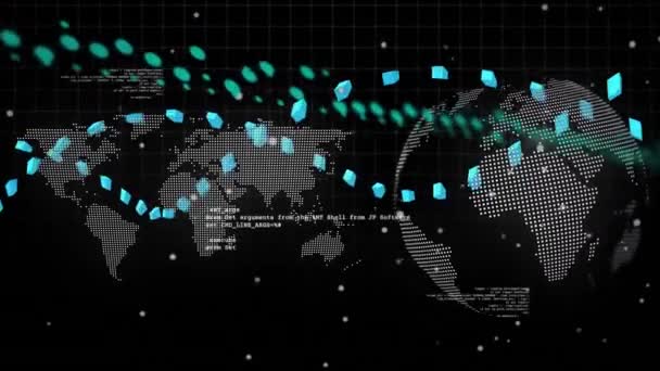 Animation Data Processing Dna Strand World Map Globe Black Background — ストック動画