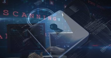 Tarama, veri işleme ve çevrimiçi güvenlik kilidi görüntüsü. küresel internet güvenliği, veri işleme, bağlantılar ve dijital arayüz konsepti dijital olarak oluşturuldu.