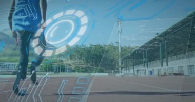 Engelli Afro-Amerikan erkek koşucunun veri işleme animasyonu. Küresel spor, engellilik ve dijital arayüz kavramı dijital olarak oluşturulmuş video.