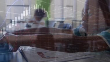 Animation of data processing over diverse schoolchildren in classroom. Global education and digital interface concept digitally generated video.