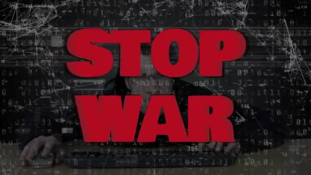 Animation Data Processing Caucasian Male Hacker Stop War Make Peace — ストック動画