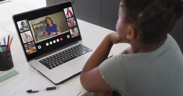 African American Girl Using Laptop Video Call Female Teacher Class — Stock video