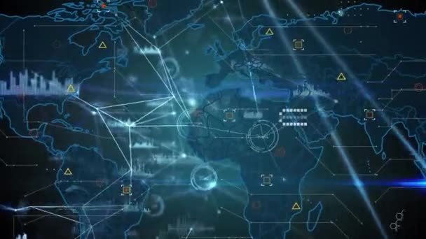 Sieć Połączeń Przetwarzania Danych Mapie Świata Niebieskim Tle Koncepcja Globalnej — Wideo stockowe