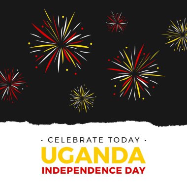 Bugünün renkli havai fişek gösterisiyle Uganda 'nın bağımsızlık günü metninin tasviri. Boşluk, vektör, siyah, beyaz, vatanseverlik, kutlama, özgürlük ve kimlik kavramını kopyala.