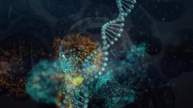 Siyah zemin üzerinde sarı ve yeşil dalgalar üzerinde DNA animasyonu. Bilim, insan biyolojisi ve anatomi konsepti dijital olarak oluşturulmuş video.