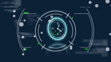 Animation of scope scanning and clock over data processing on black background. global business, computing and digital interface concept digitally generated video.