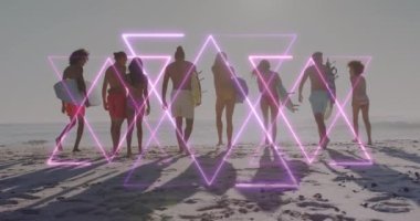 Sahildeki farklı arkadaşlara göre şekillerin animasyonu. Tatiller ve dijital arayüz kavramı dijital olarak oluşturulmuş video.